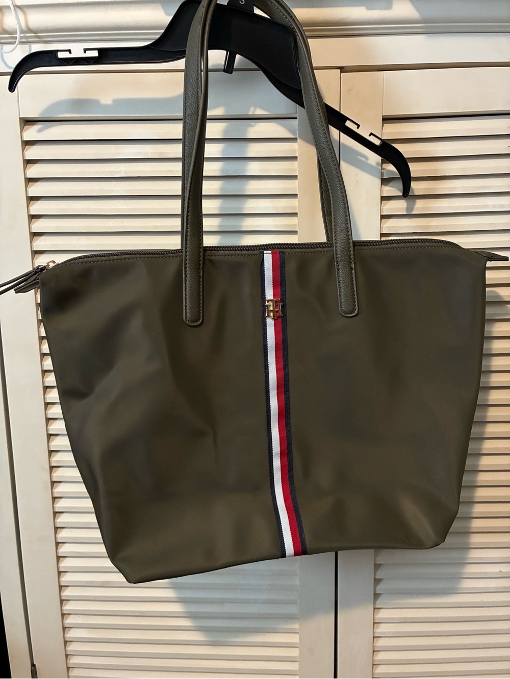 Tommy Hilfiger Olive Tote with Signature Red-White-Blue Stripe